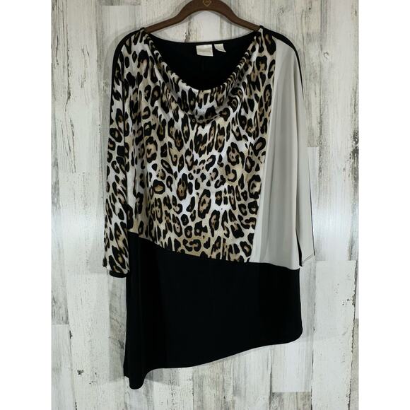 Chico's Tops - Chicos Tunic Size 3 or XL Asymmetrical Hem Leopard Black‎ Color Block 3/4 Sleeve